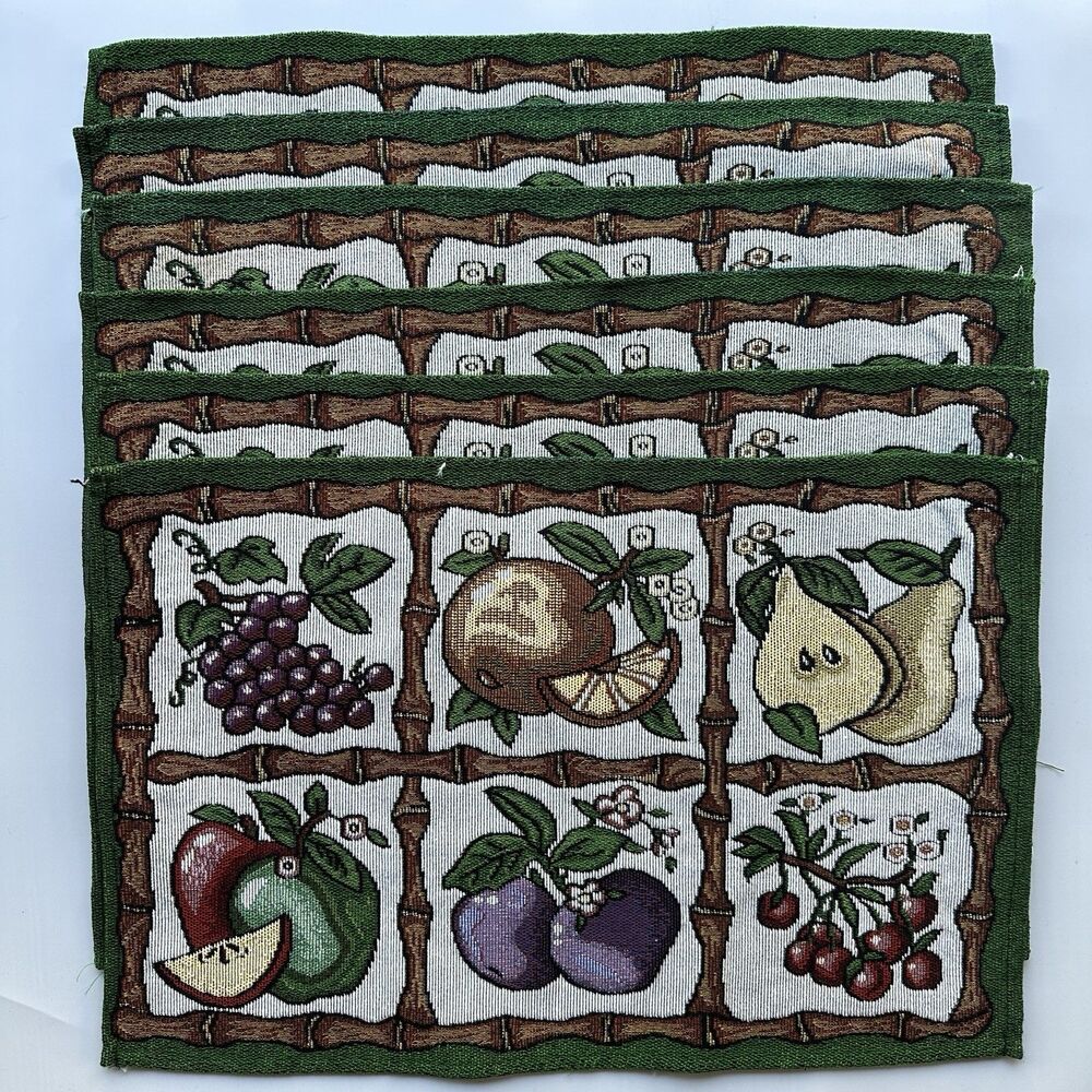 Vintage Woven Tapestry Fruit Placemats Set of 6 Thanksgiving Kitchen Table Decor